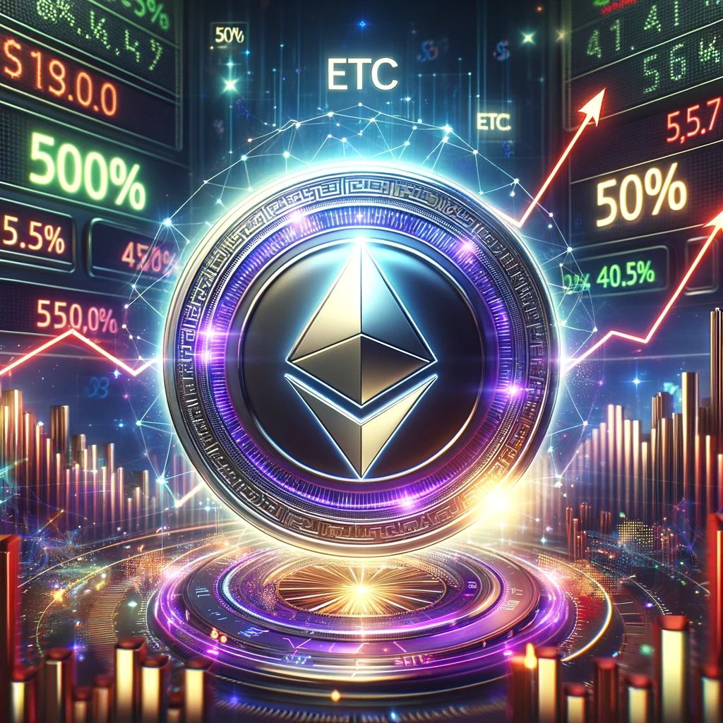 DALL·E 2024-01-11 21.03.41 - A futuristic digital landscape featuring a large, glowing Ethereum Classic (ETC) logo at the center, with the words 'Ethereum Classic (ETC)' prominent.png